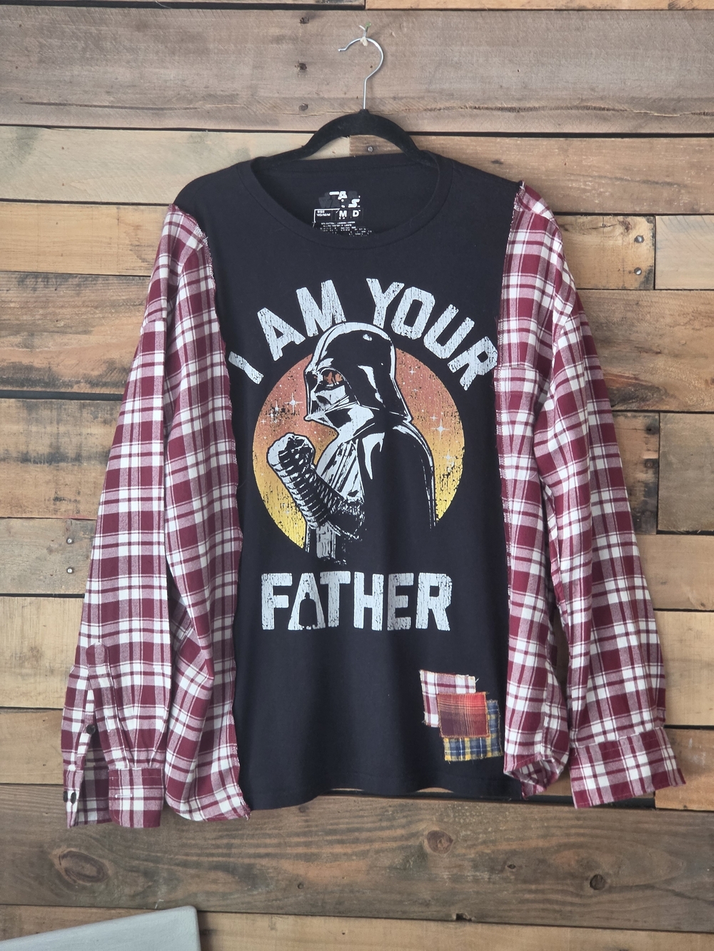Upcycled Black Graphic 'I Am Your Father' Shirt with Red Plaid Sleeves